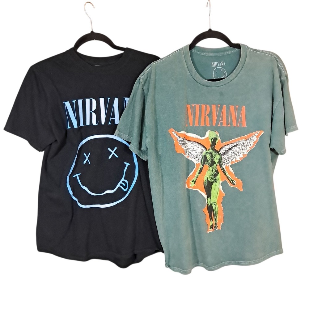 Nirvana Band T-Shirt Set of‎ 2  Black Green Utero Angel Grunge Alternative S/S